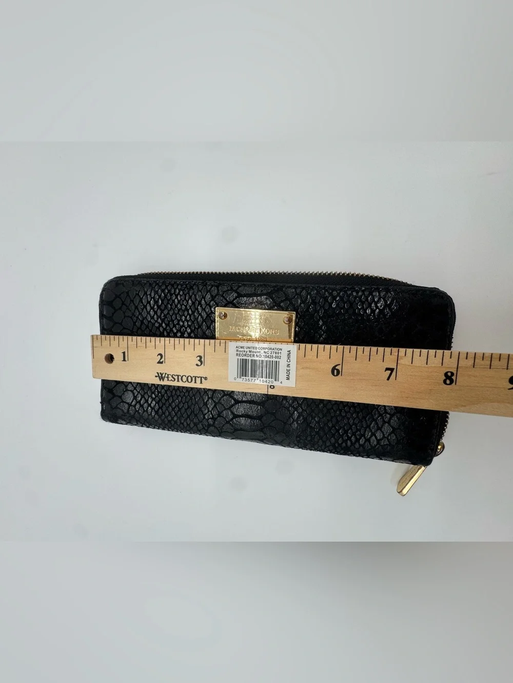 Michael Kors Black Snake-Embossed Zip Wallet with Gold Plaque